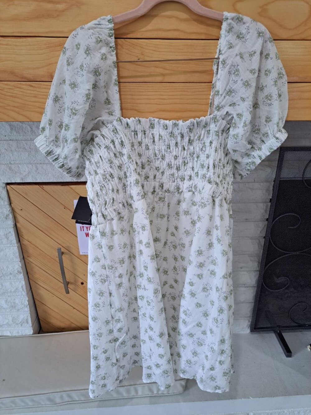 New 2XL Celebrity Pink Floral Smocked Puff Sleeve Babydoll Mini Dress White Gree - Picture 9 of 15